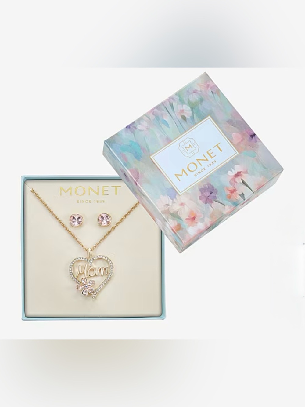 Monet Gold-Tone 'Mom' Heart Pendant Necklace and Pink Crystal Stud Earrings - Picture 2 of 8